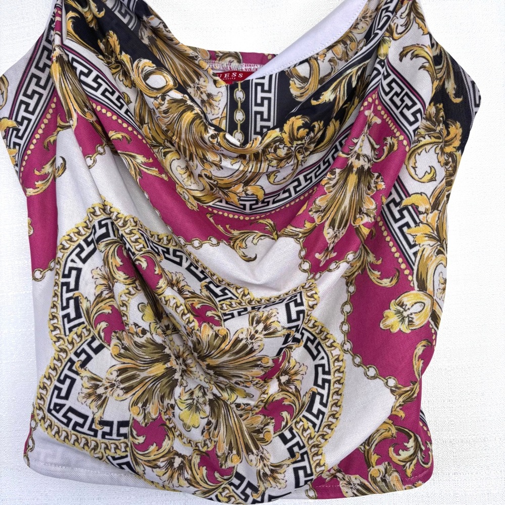 Guess Cropped Cami Tank Top Adjustable Gold Chain Baroque Style Womens Sz L